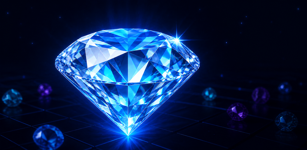 A brilliant blue diamond glowing above a dark game board
